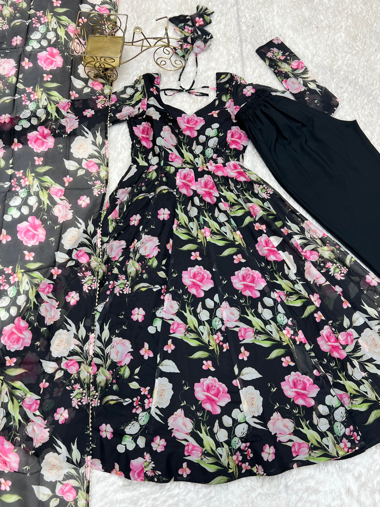 Sophisticated  Black Pure Organza Silk Floral Printed Anarkali Suit With Dupatta