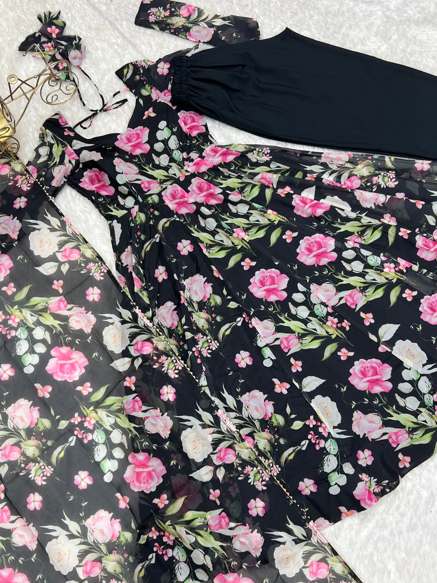 Sophisticated  Black Pure Organza Silk Floral Printed Anarkali Suit With Dupatta