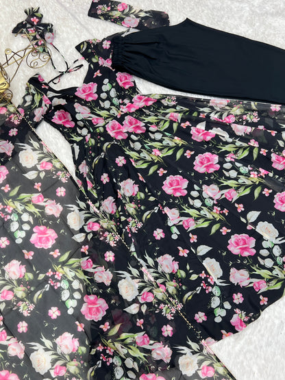 Sophisticated  Black Pure Organza Silk Floral Printed Anarkali Suit With Dupatta