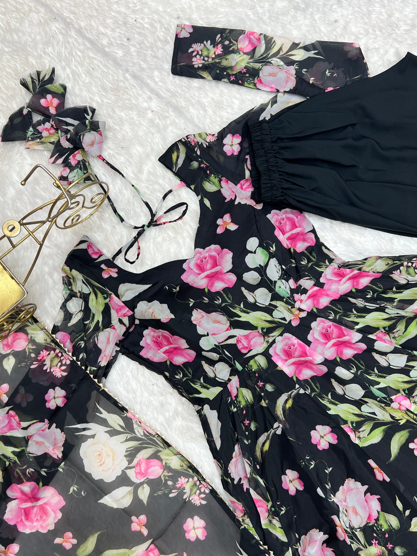 Sophisticated  Black Pure Organza Silk Floral Printed Anarkali Suit With Dupatta