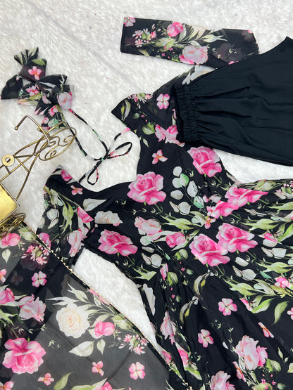 Sophisticated  Black Pure Organza Silk Floral Printed Anarkali Suit With Dupatta