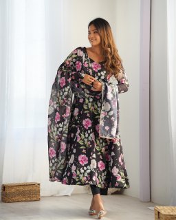 Sophisticated  Black Pure Organza Silk Floral Printed Anarkali Suit With Dupatta