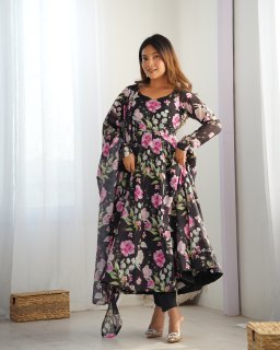 Sophisticated  Black Pure Organza Silk Floral Printed Anarkali Suit With Dupatta