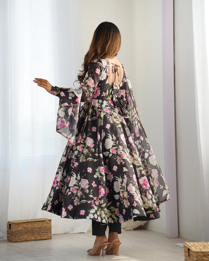 Sophisticated  Black Pure Organza Silk Floral Printed Anarkali Suit With Dupatta