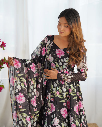 Sophisticated  Black Pure Organza Silk Floral Printed Anarkali Suit With Dupatta