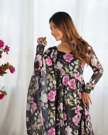 Sophisticated  Black Pure Organza Silk Floral Printed Anarkali Suit With Dupatta
