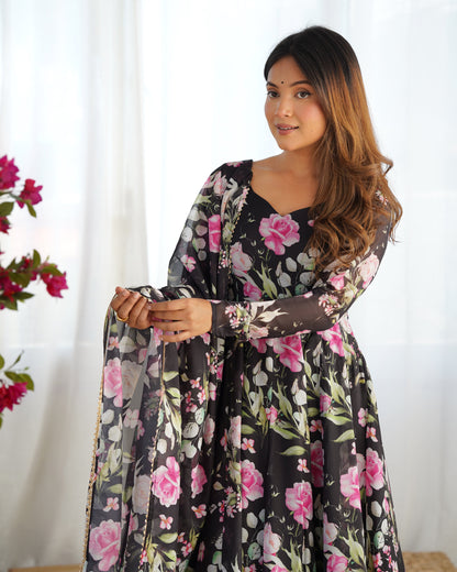 Sophisticated  Black Pure Organza Silk Floral Printed Anarkali Suit With Dupatta