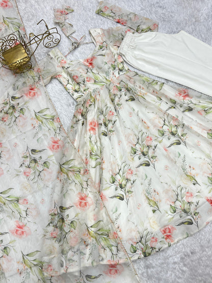Fabulous White Pure Organza Silk Floral Printed Anarkali Pant Suit - INDIAN ELEGANCE