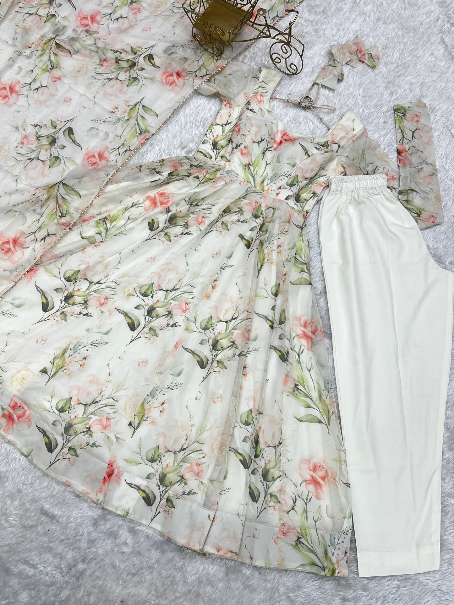 Fabulous White Pure Organza Silk Floral Printed Anarkali Pant Suit - INDIAN ELEGANCE