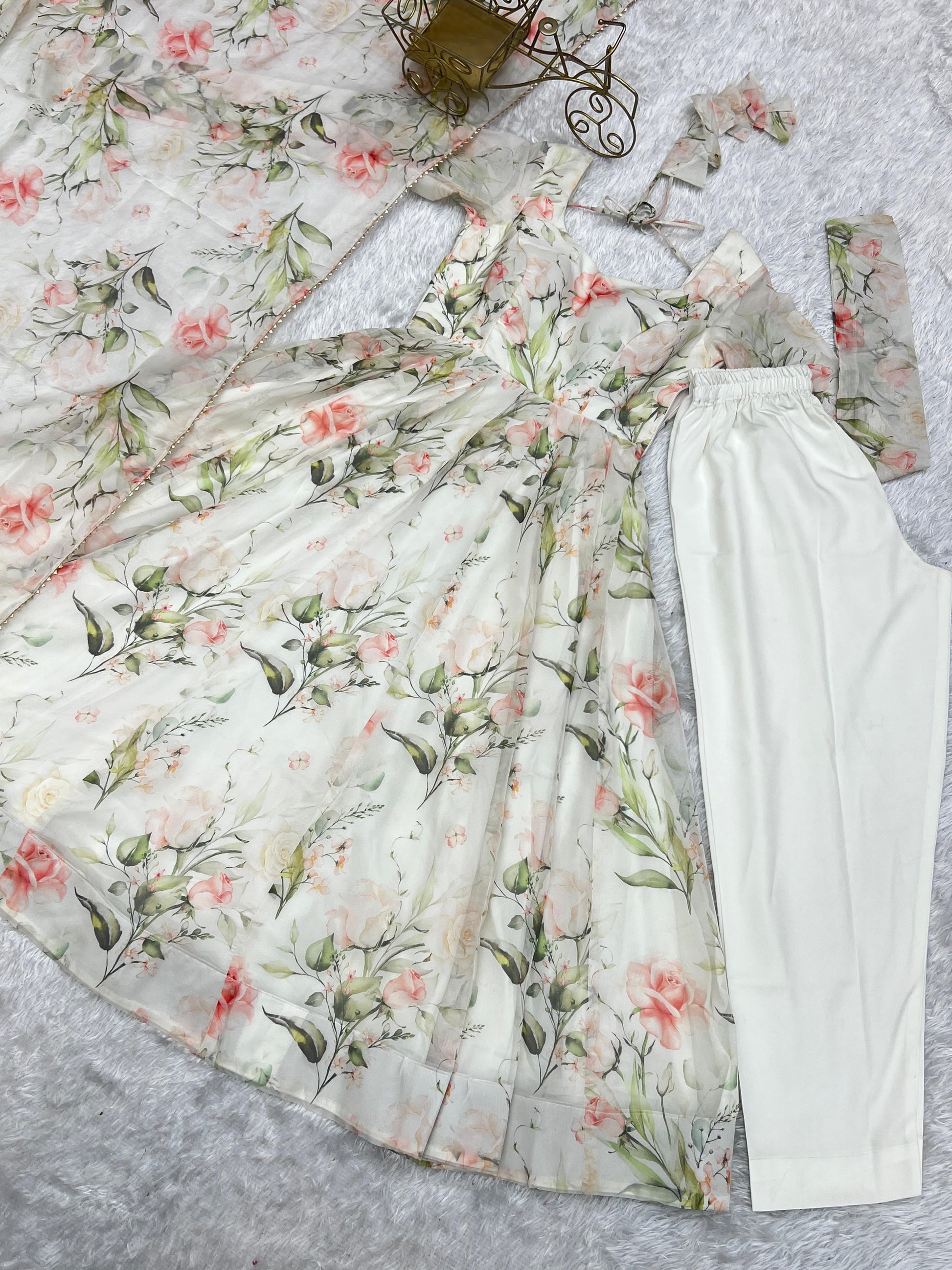 Fabulous White Pure Organza Silk Floral Printed Anarkali Pant Suit - INDIAN ELEGANCE