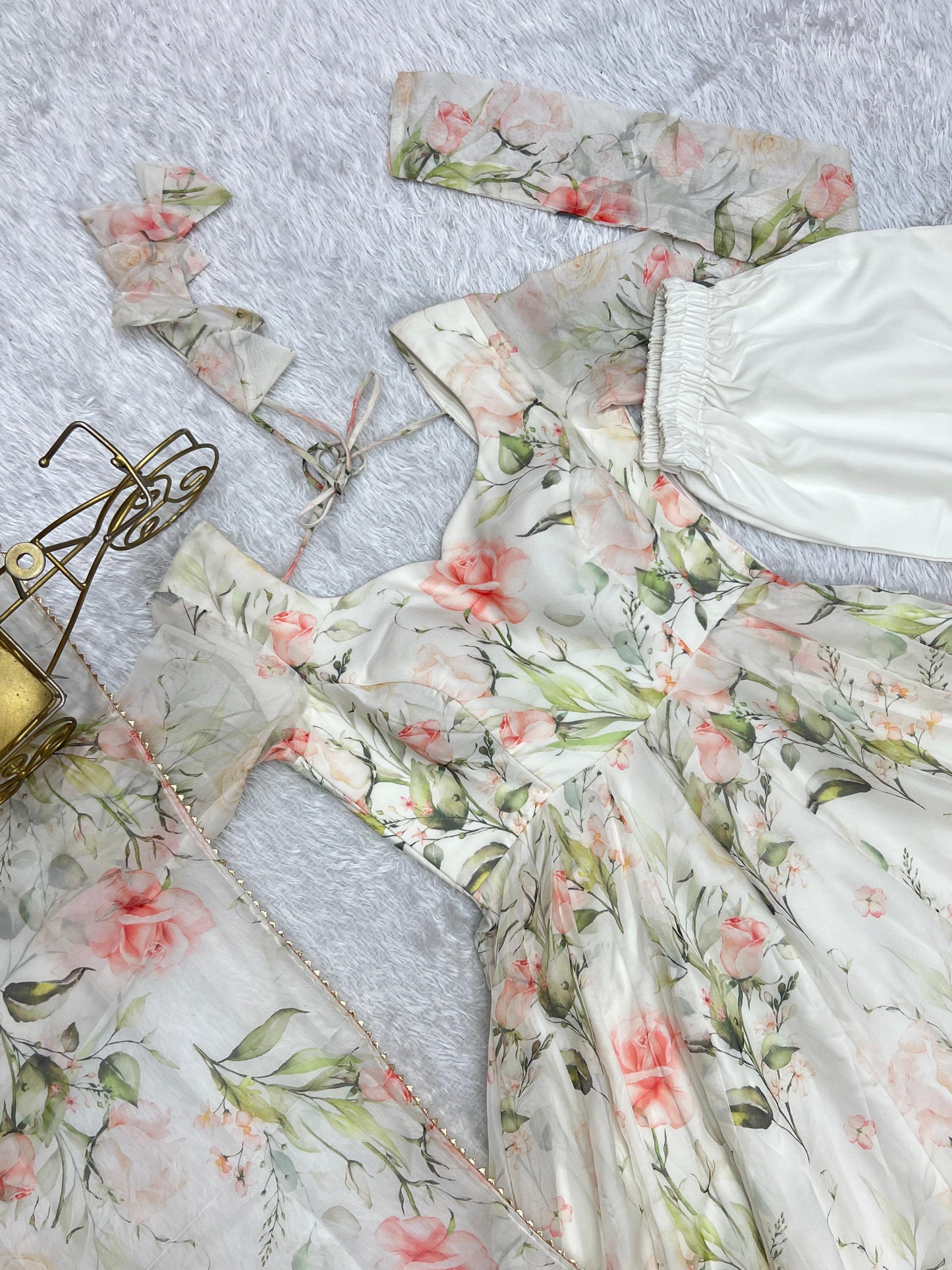 Fabulous White Pure Organza Silk Floral Printed Anarkali Pant Suit - INDIAN ELEGANCE