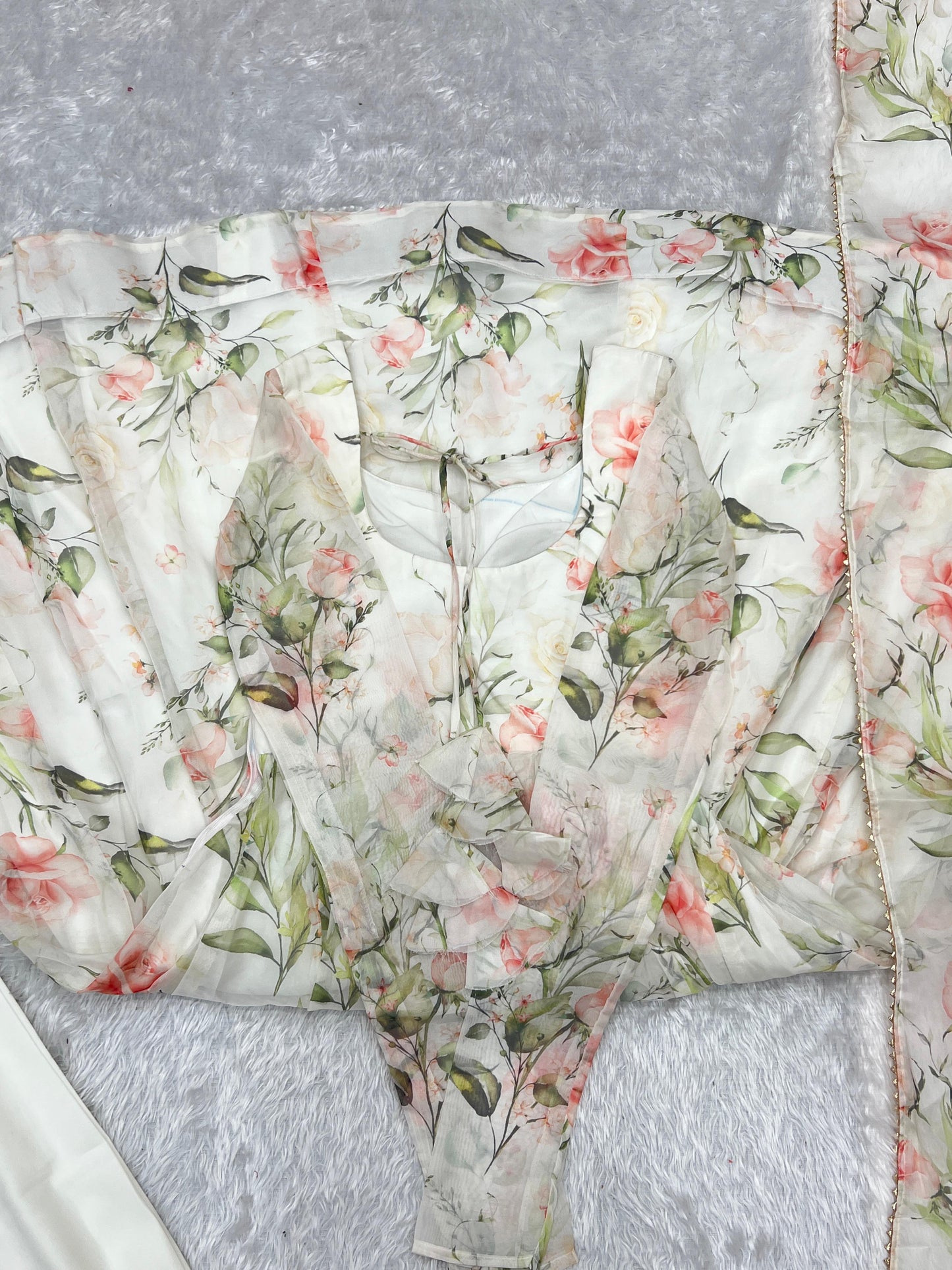 Fabulous White Pure Organza Silk Floral Printed Anarkali Pant Suit - INDIAN ELEGANCE