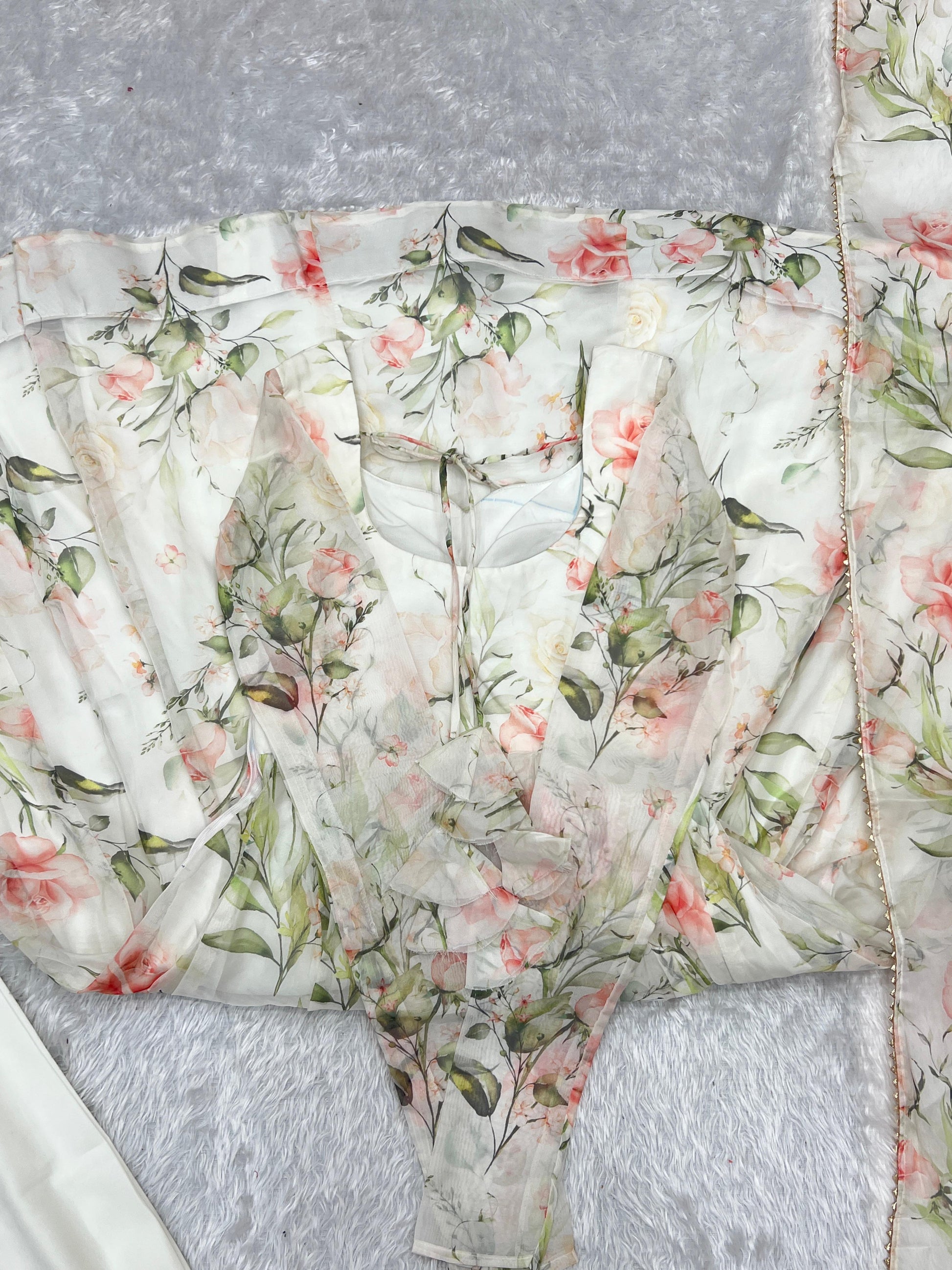 Fabulous White Pure Organza Silk Floral Printed Anarkali Pant Suit - INDIAN ELEGANCE