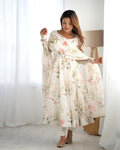 White Floral Printed Fully Stitched Anarkali Gown with Dupatta