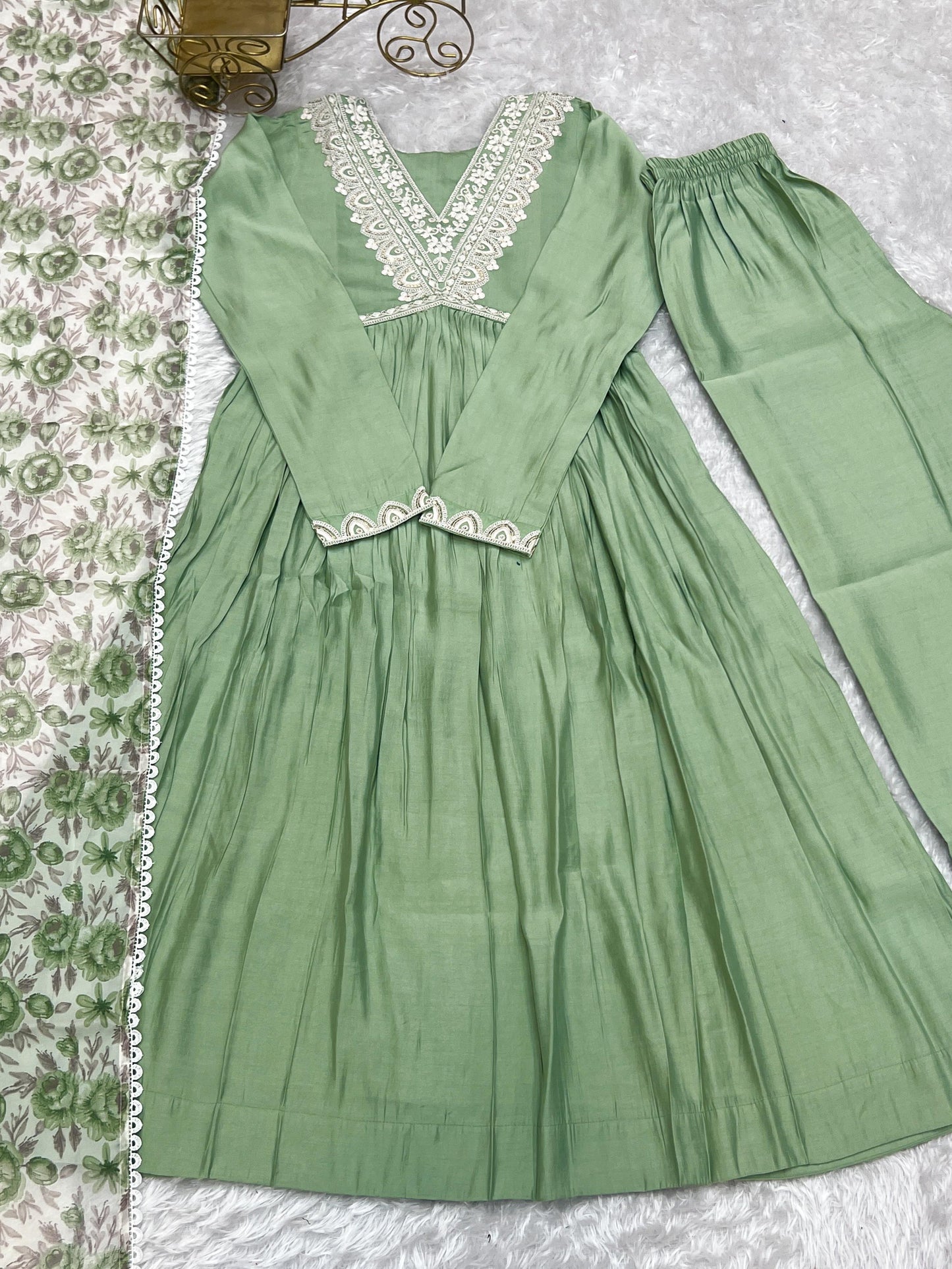 Elegant Pista Green Nyra Cut Roman Silk Anarkali Pant Suit - INDIAN ELEGANCE