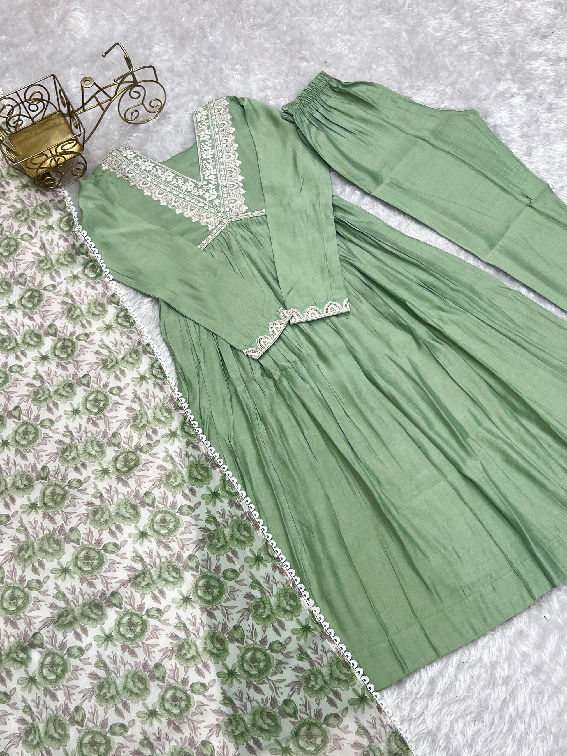 Elegant Pista Green Nyra Cut Roman Silk Anarkali Pant Suit - INDIAN ELEGANCE