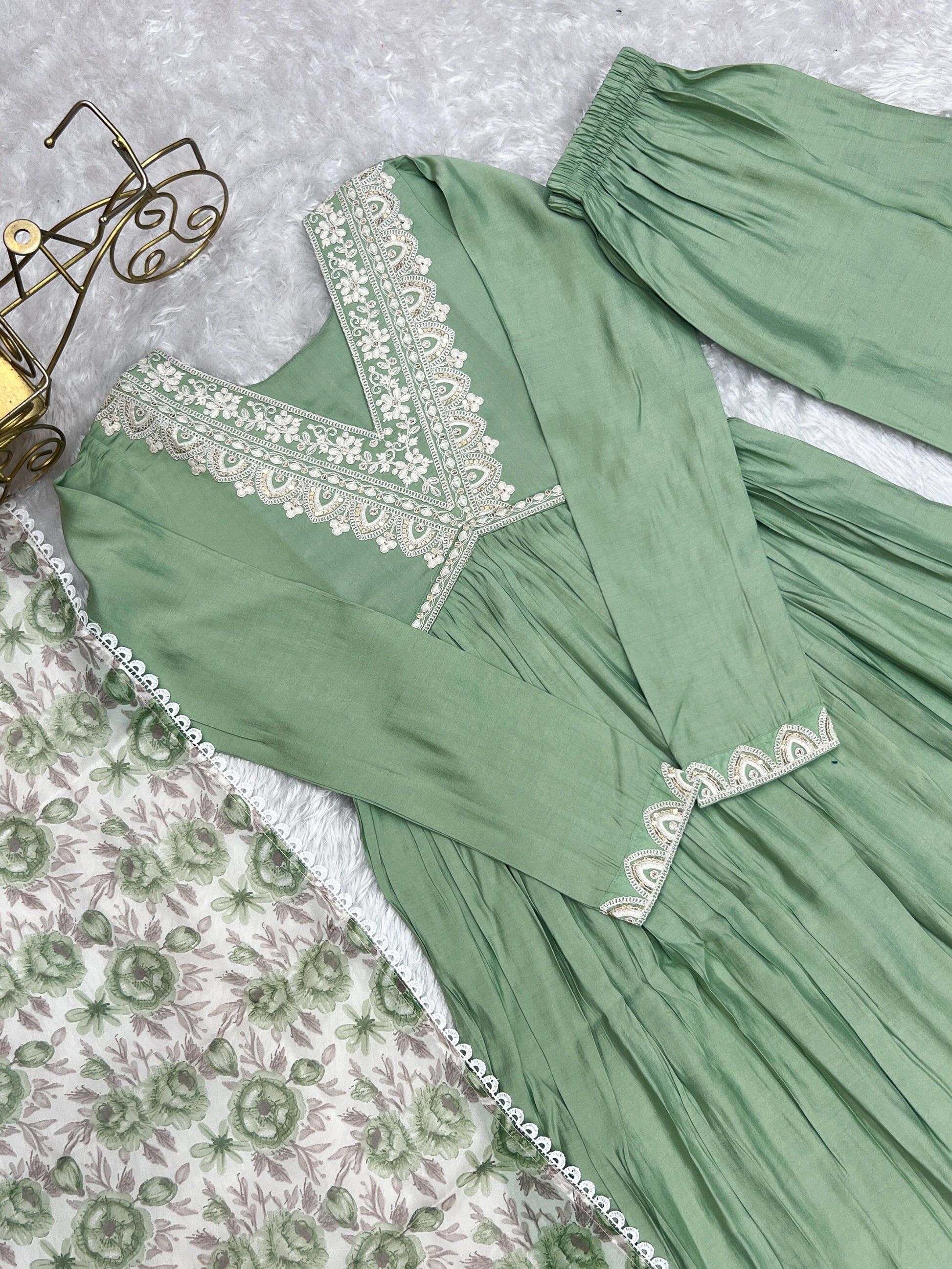 Elegant Pista Green Nyra Cut Roman Silk Anarkali Pant Suit - INDIAN ELEGANCE