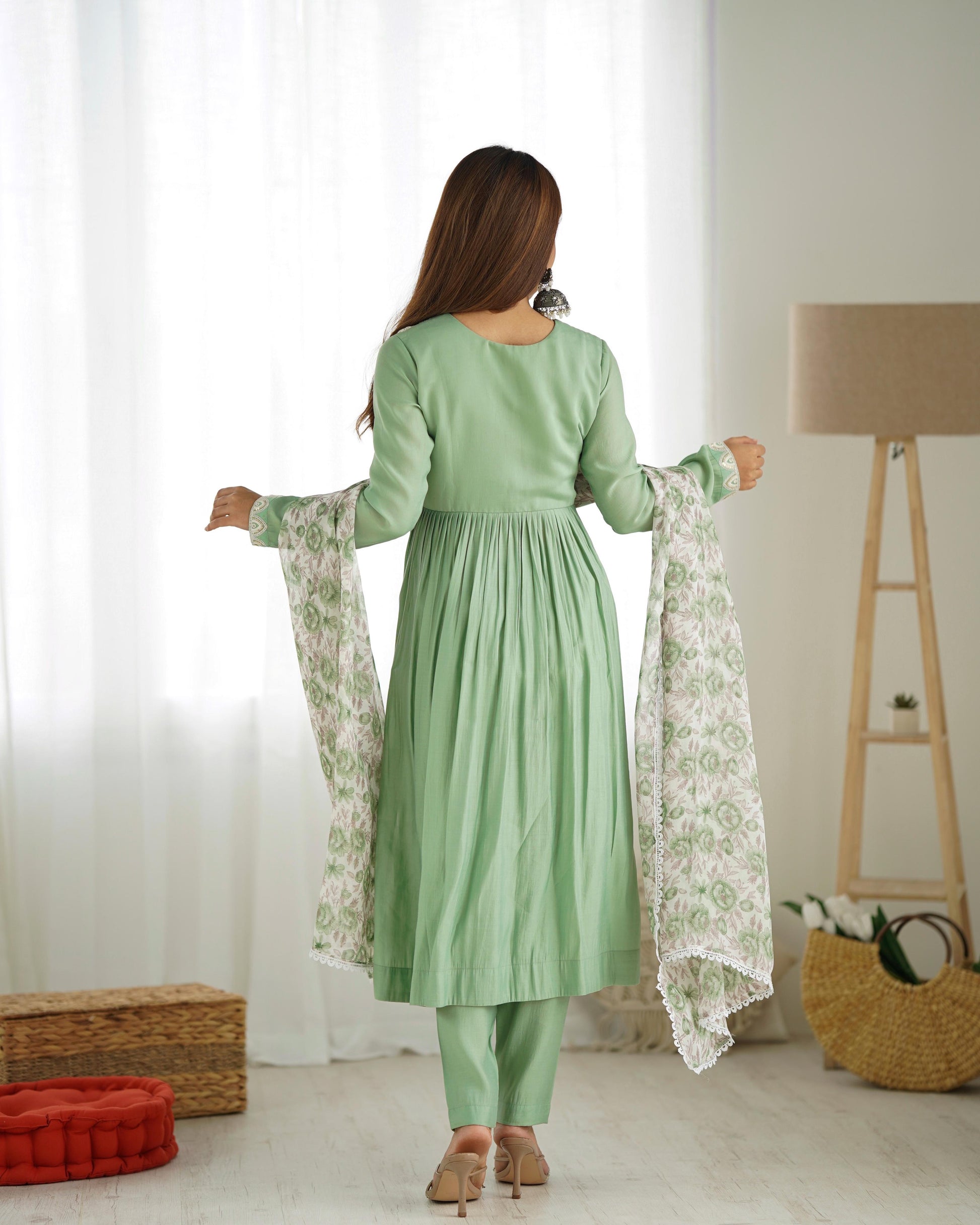 Elegant Pista Green Nyra Cut Roman Silk Anarkali Pant Suit - INDIAN ELEGANCE