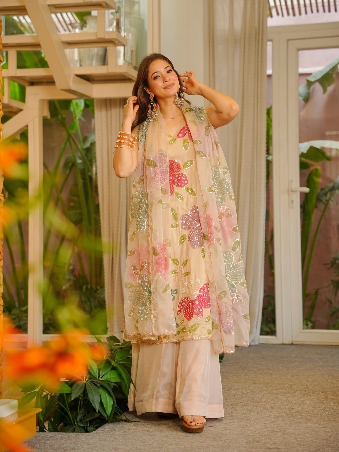 Designer Organza Silk Floral Palazzo Set with Dupatta