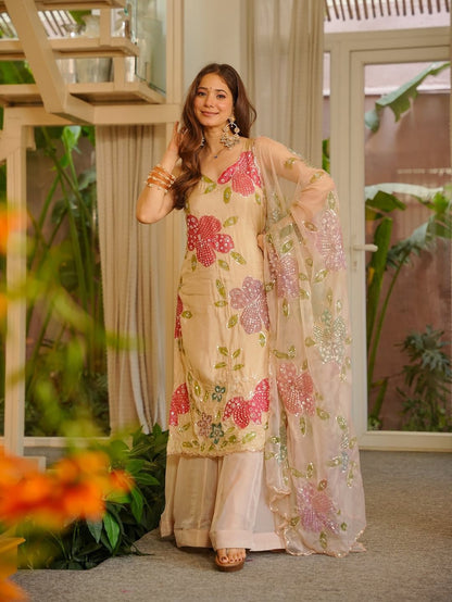 Designer Organza Silk Floral Palazzo Set with Dupatta