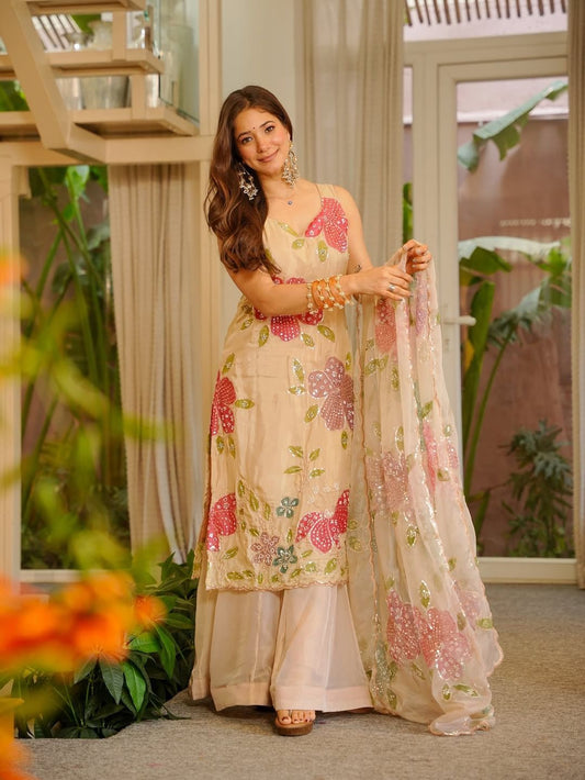 Designer Organza Silk Floral Palazzo Set with Dupatta