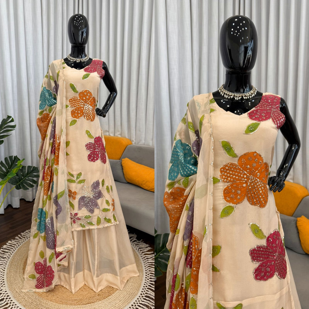 Designer Organza Silk Floral Palazzo Set with Dupatta