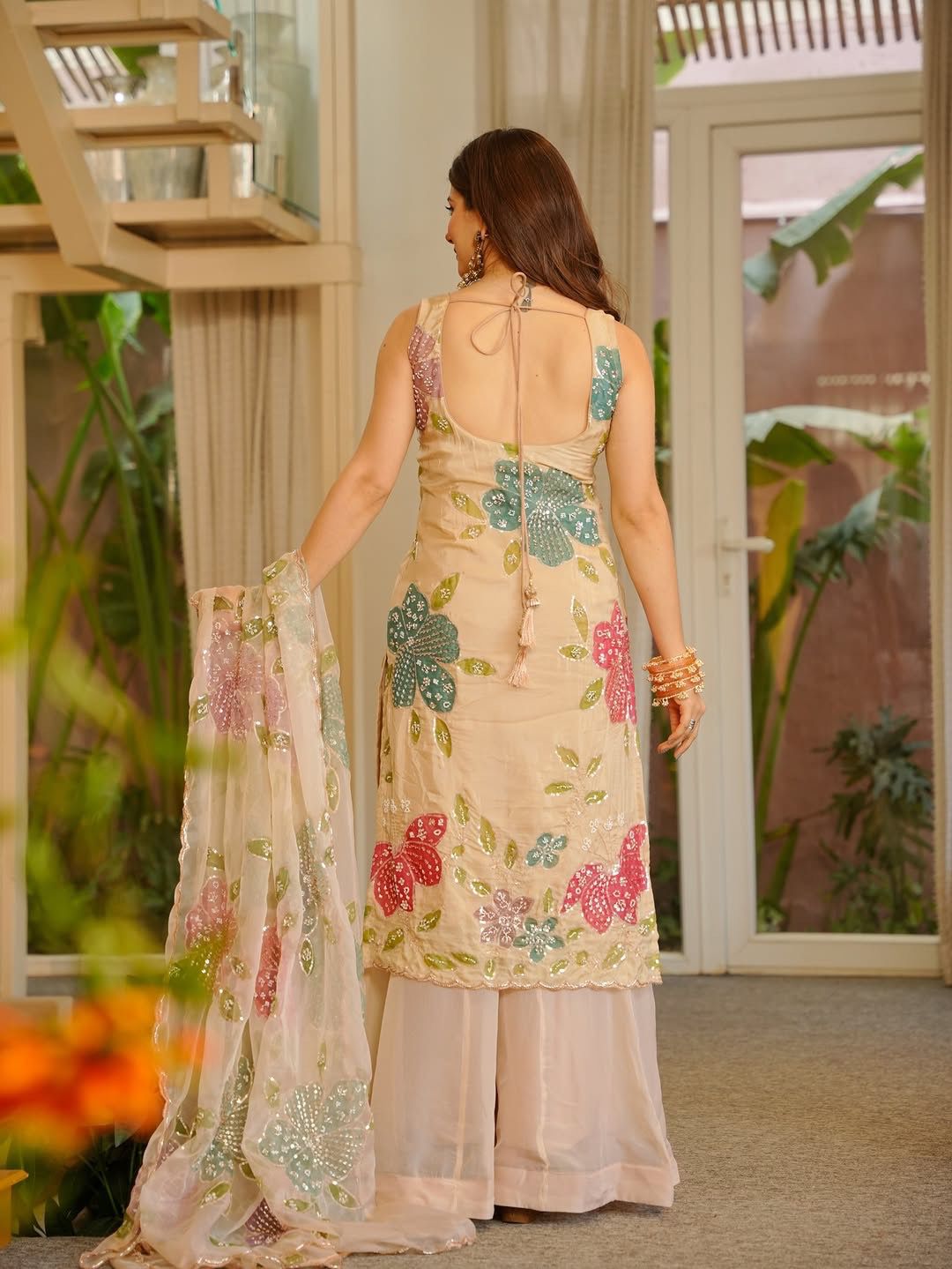 Designer Organza Silk Floral Palazzo Set with Dupatta