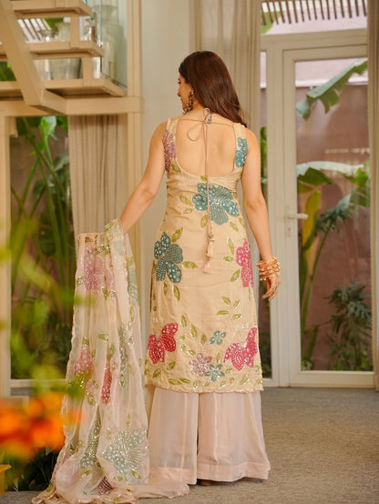 Designer Organza Silk Floral Palazzo Set with Dupatta
