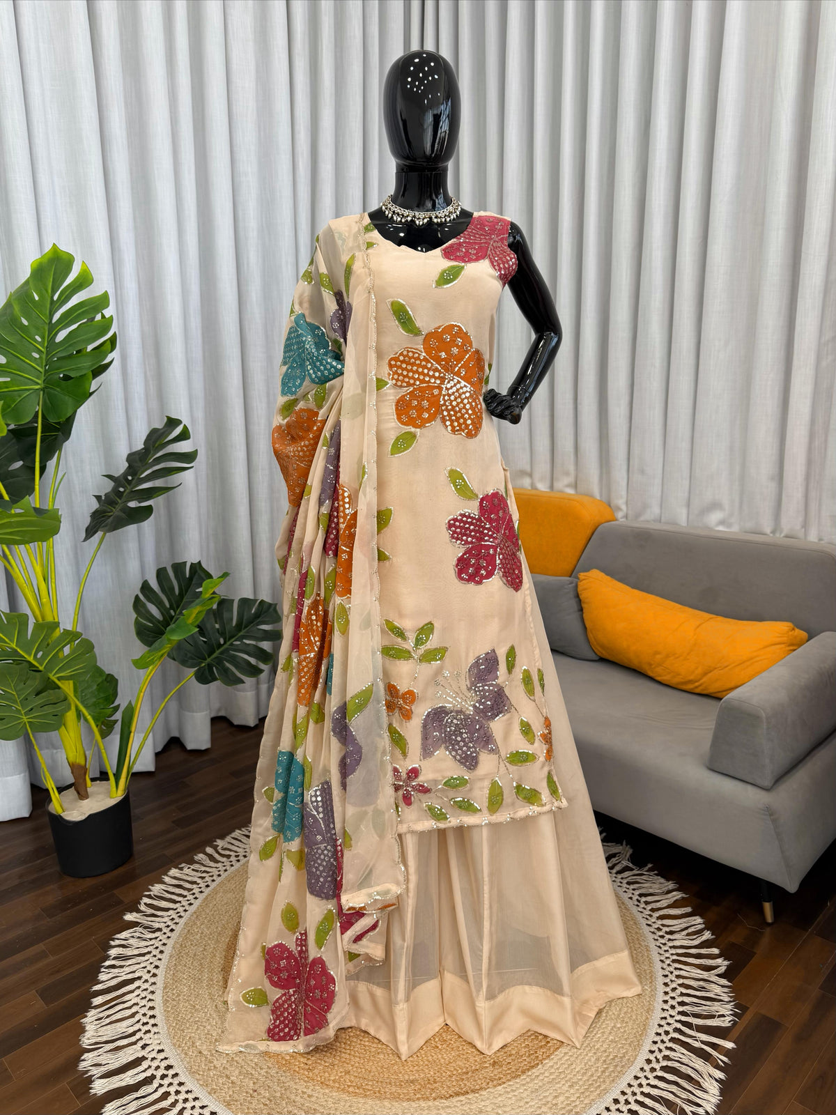 Designer Organza Silk Floral Palazzo Set with Dupatta