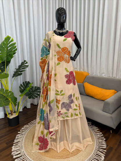 Designer Organza Silk Floral Palazzo Set with Dupatta