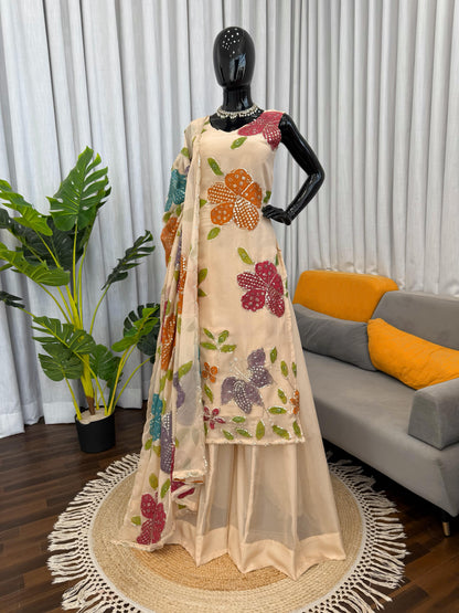 Designer Organza Silk Floral Palazzo Set with Dupatta