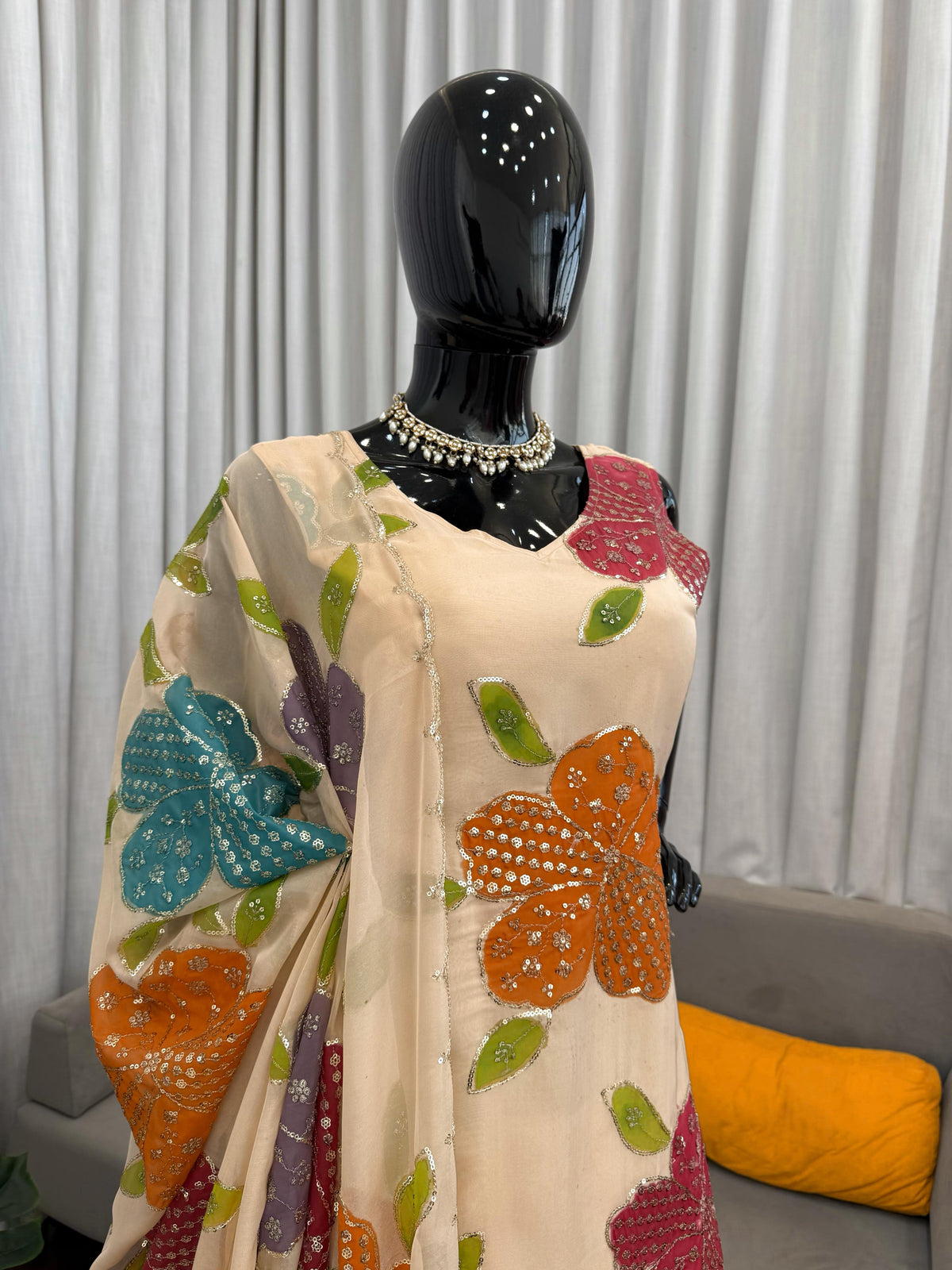 Designer Organza Silk Floral Palazzo Set with Dupatta