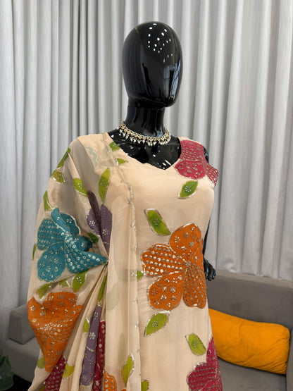Designer Organza Silk Floral Palazzo Set with Dupatta