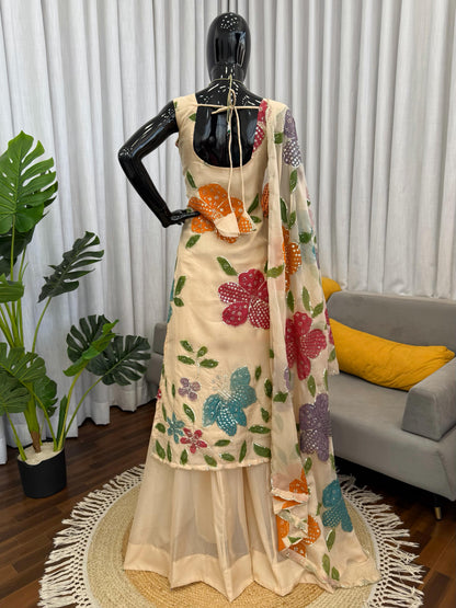 Designer Organza Silk Floral Palazzo Set with Dupatta