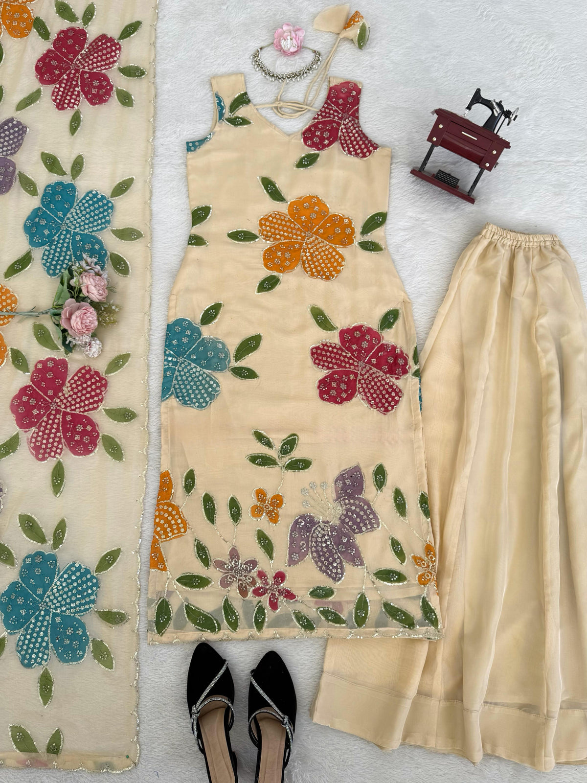 Designer Organza Silk Floral Palazzo Set with Dupatta