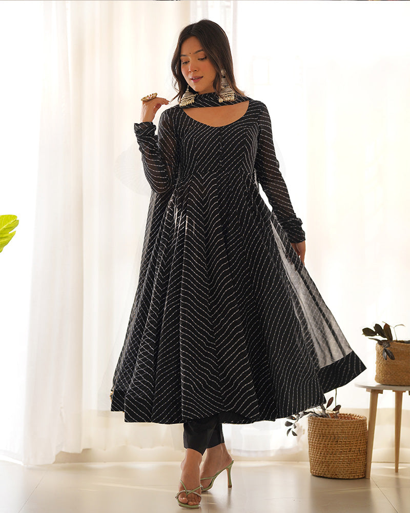 Laheriya Print Georgette  Black Anarkali Suit Set