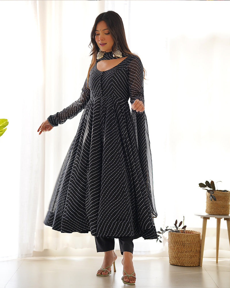 Laheriya Print Georgette  Black Anarkali Suit Set