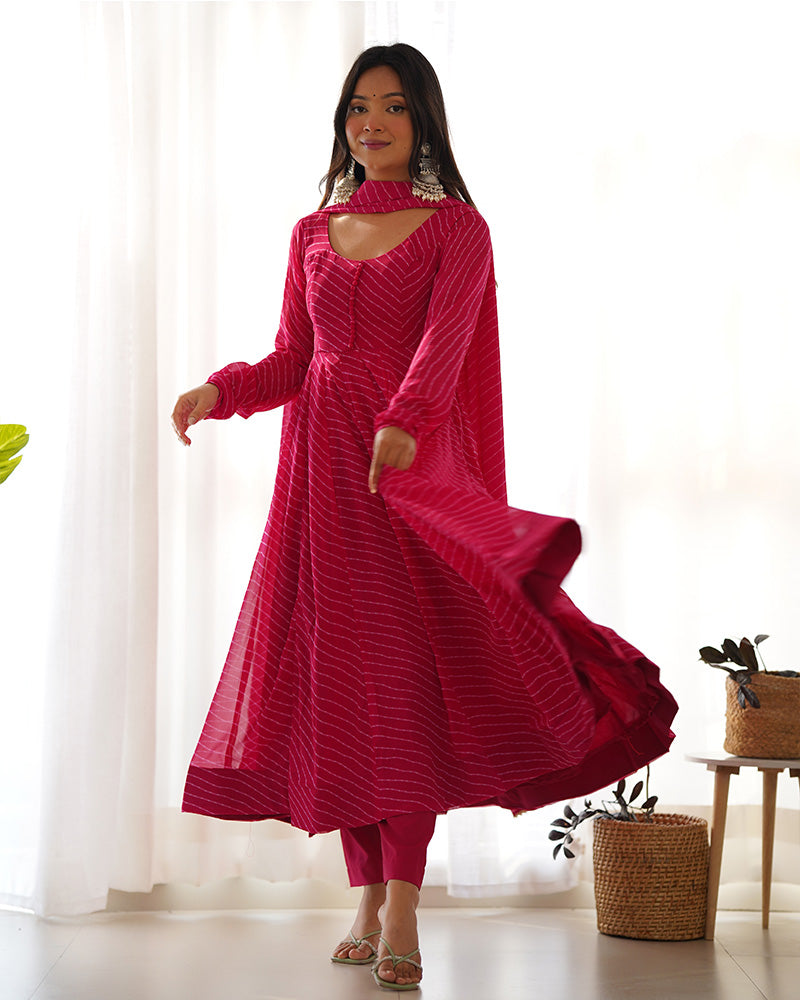 Laheriya Print Georgette  Rani Pink Anarkali Suit Set