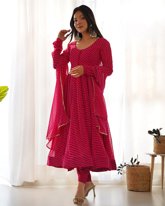 Laheriya Print Georgette  Rani Pink Anarkali Suit Set
