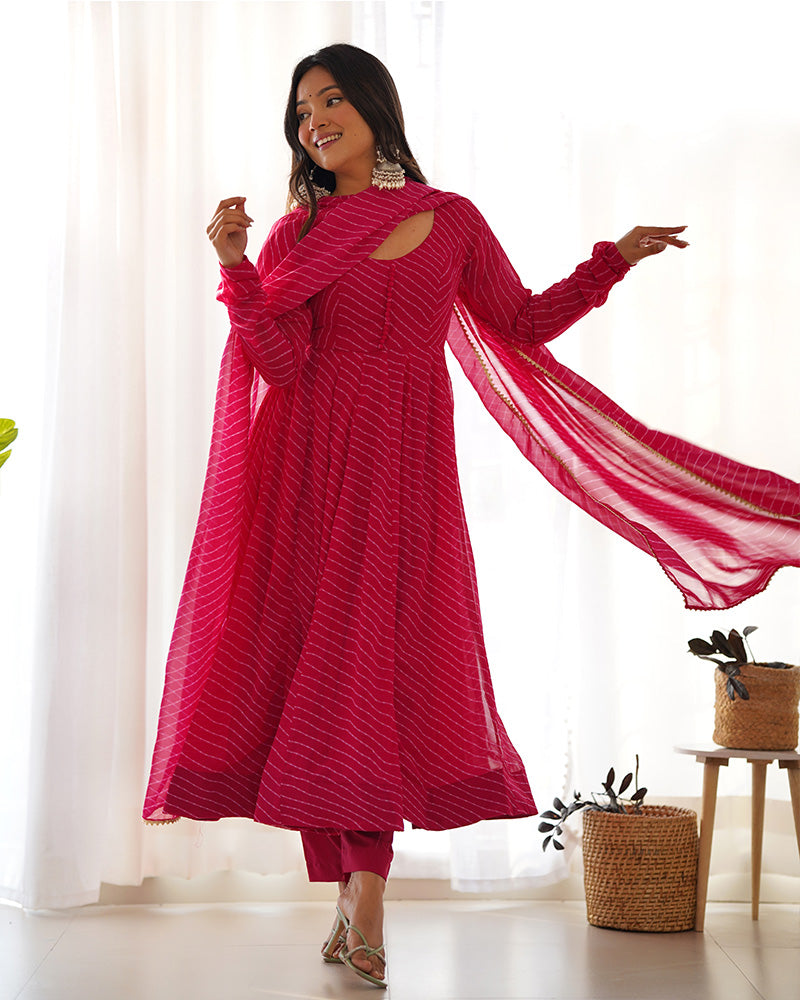 Laheriya Print Georgette  Rani Pink Anarkali Suit Set