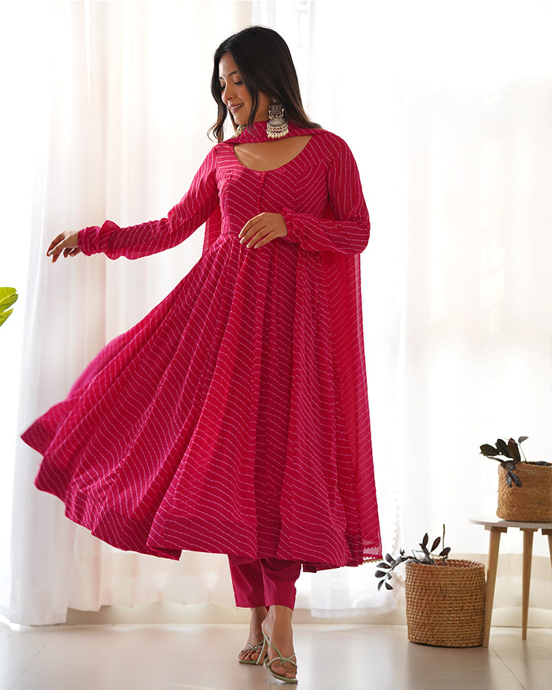 Laheriya Print Georgette  Rani Pink Anarkali Suit Set