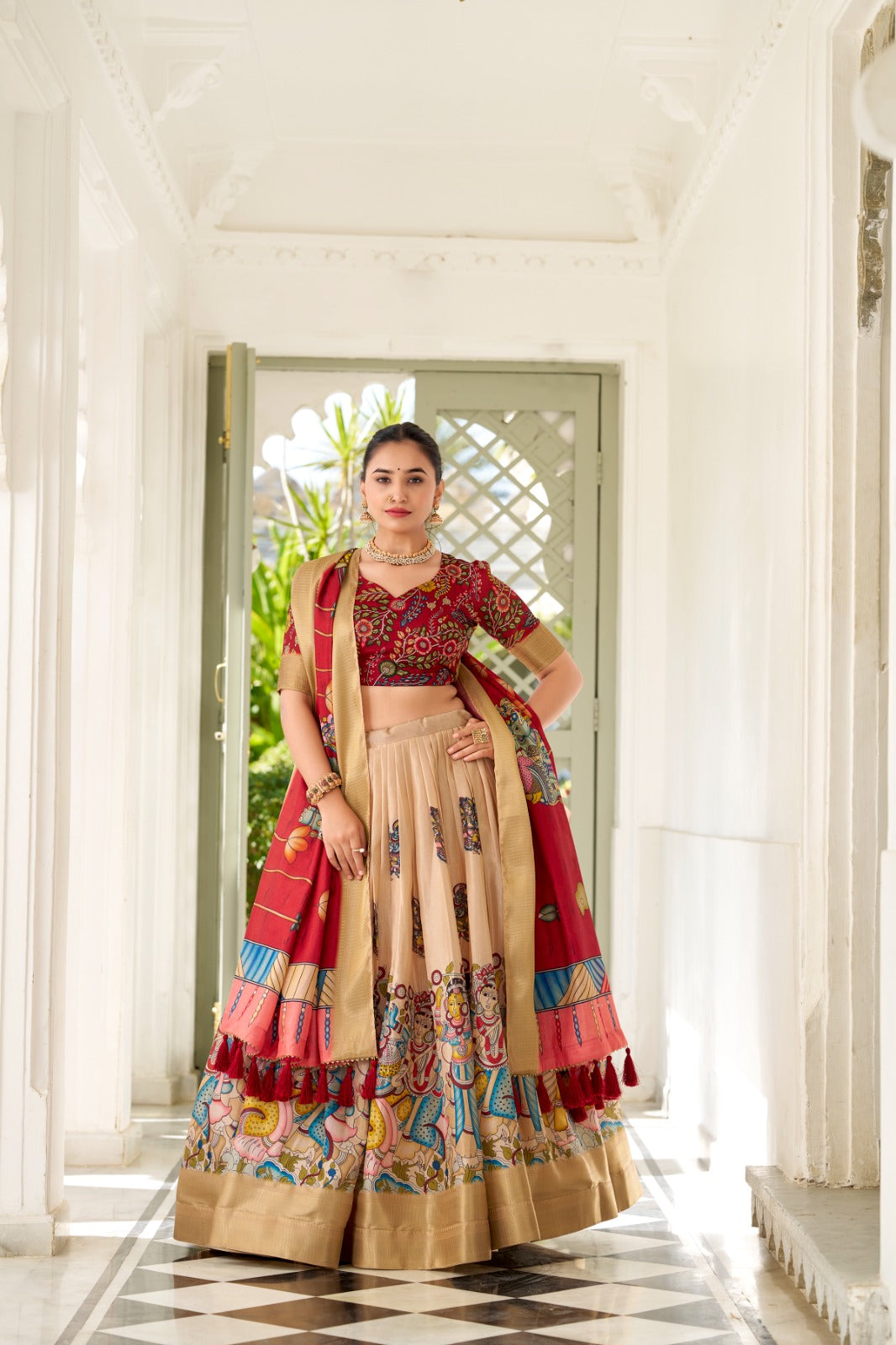 Spectacular Dola Silk Kalamkari Printed Lehenga Choli Set - INDIAN ELEGANCE