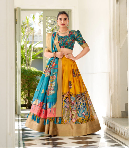 Spectacular Dola Silk Kalamkari Printed Lehenga Choli Set - INDIAN ELEGANCE