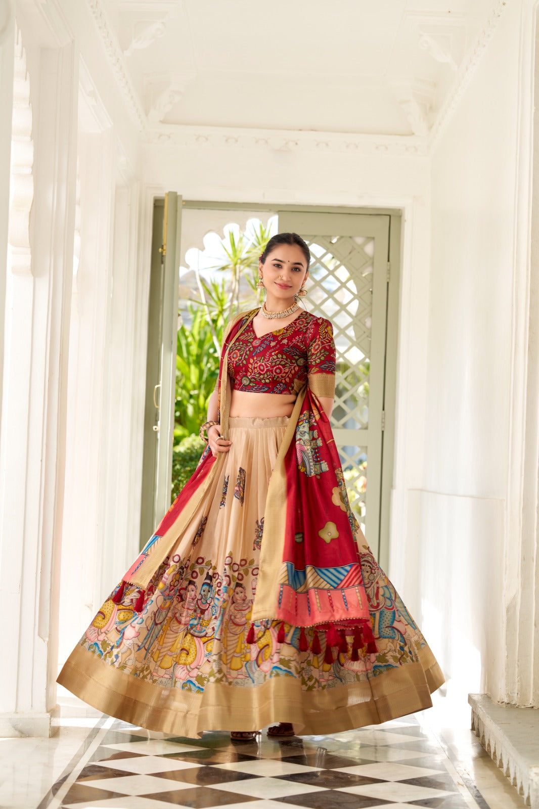 Spectacular Dola Silk Kalamkari Printed Lehenga Choli Set - INDIAN ELEGANCE
