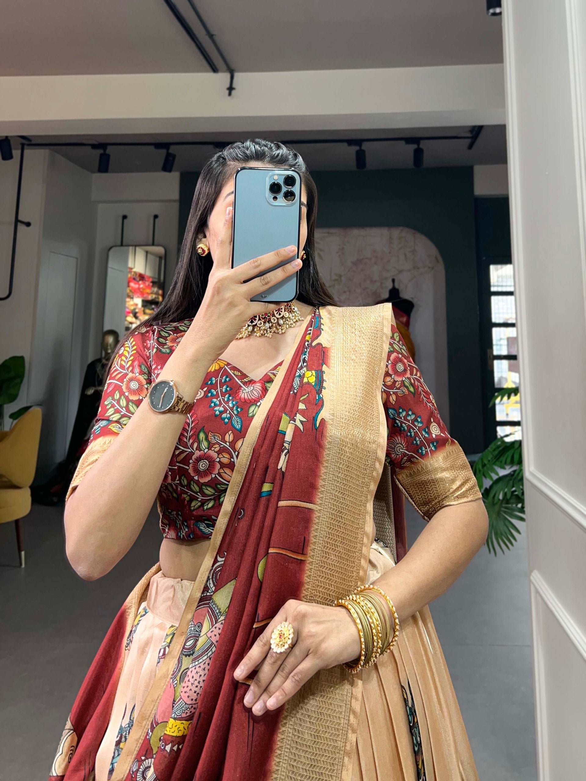 Spectacular Dola Silk Kalamkari Printed Lehenga Choli Set - INDIAN ELEGANCE