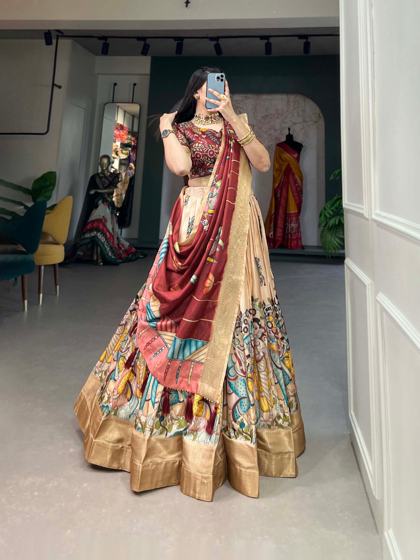 Spectacular Dola Silk Kalamkari Printed Lehenga Choli Set - INDIAN ELEGANCE
