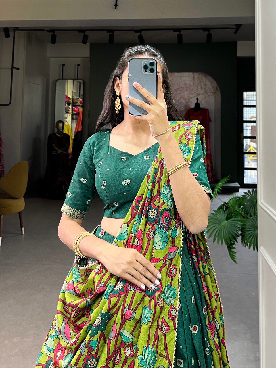 Stunning Tussar Silk Kalamkari Printed Foil Worked Lehenga Choli - INDIAN ELEGANCE