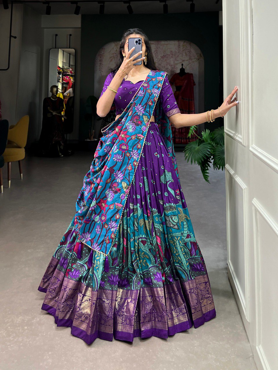 Stunning Tussar Silk Kalamkari Printed Foil Worked Lehenga Choli - INDIAN ELEGANCE