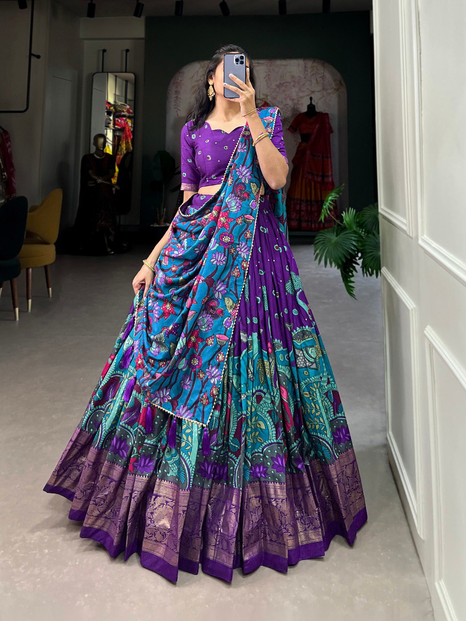 Stunning Tussar Silk Kalamkari Printed Foil Worked Lehenga Choli - INDIAN ELEGANCE
