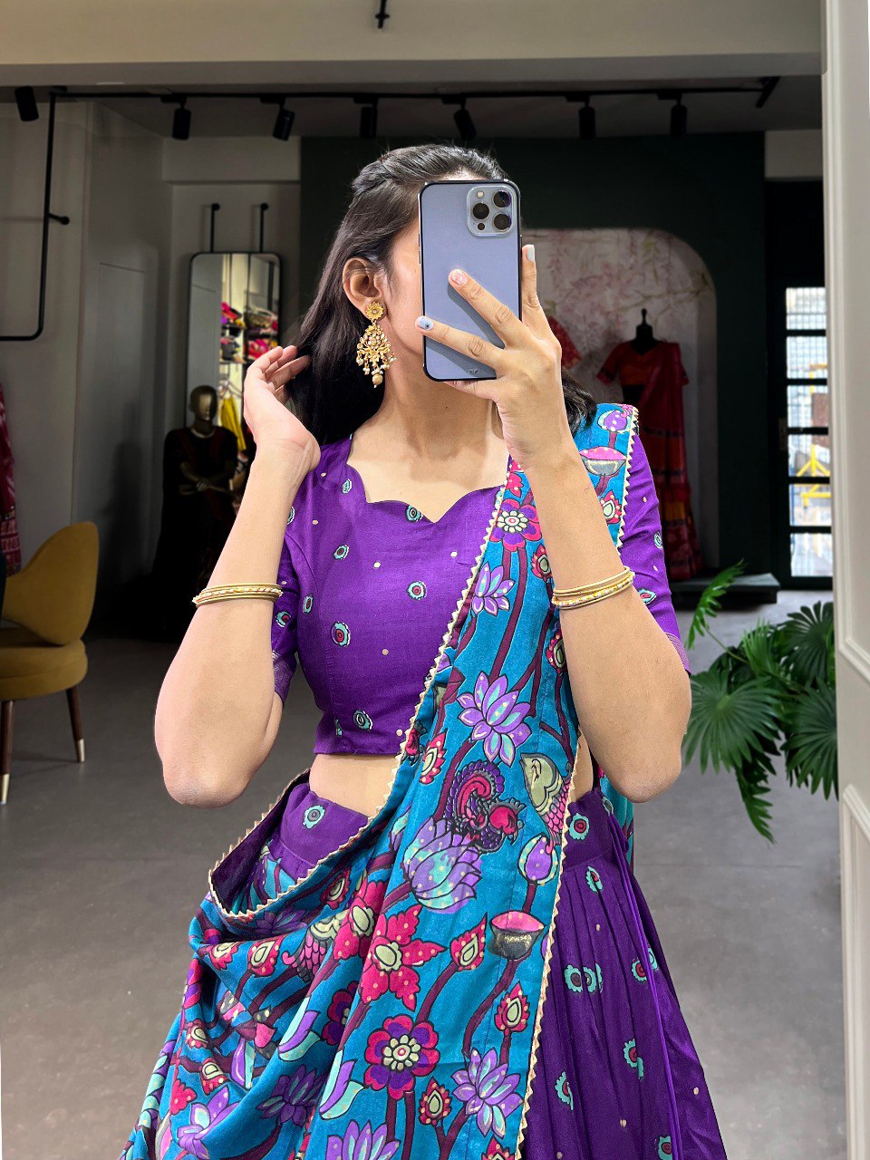 Stunning Tussar Silk Kalamkari Printed Foil Worked Lehenga Choli - INDIAN ELEGANCE
